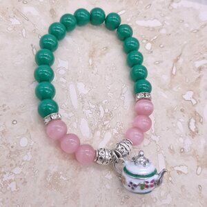 Rose Quartz & Green Aventurine Teapot Charm Bracelet